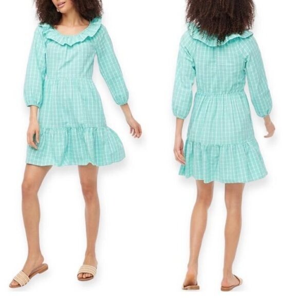 J Crew Factory Seersucker Ruffleneck Mini Dress Womens Size 6 Aqua Plaid Cotton - Picture 2 of 15